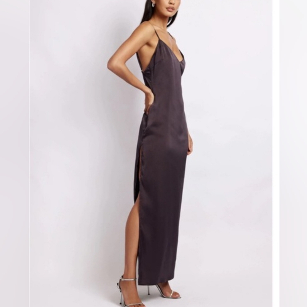 Meshki Karissa Side Split Maxi Charcoal Satin Slip Dress Size M